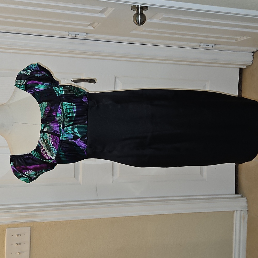 Alyx Dress Empire Waist with Black Skirt Green Purple Bodice Size 4 NWT